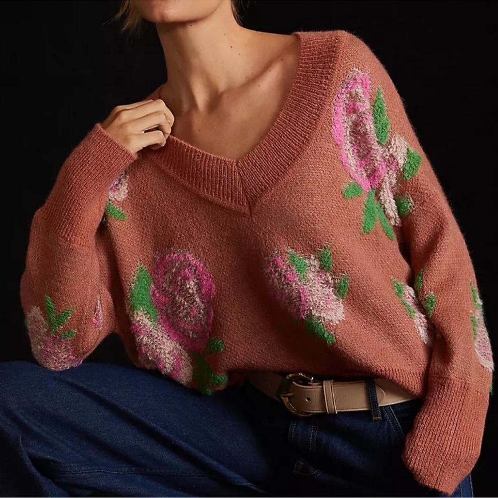 NWT Anthropologie Drop Shoulder V-Neck Sweater S Small Floral